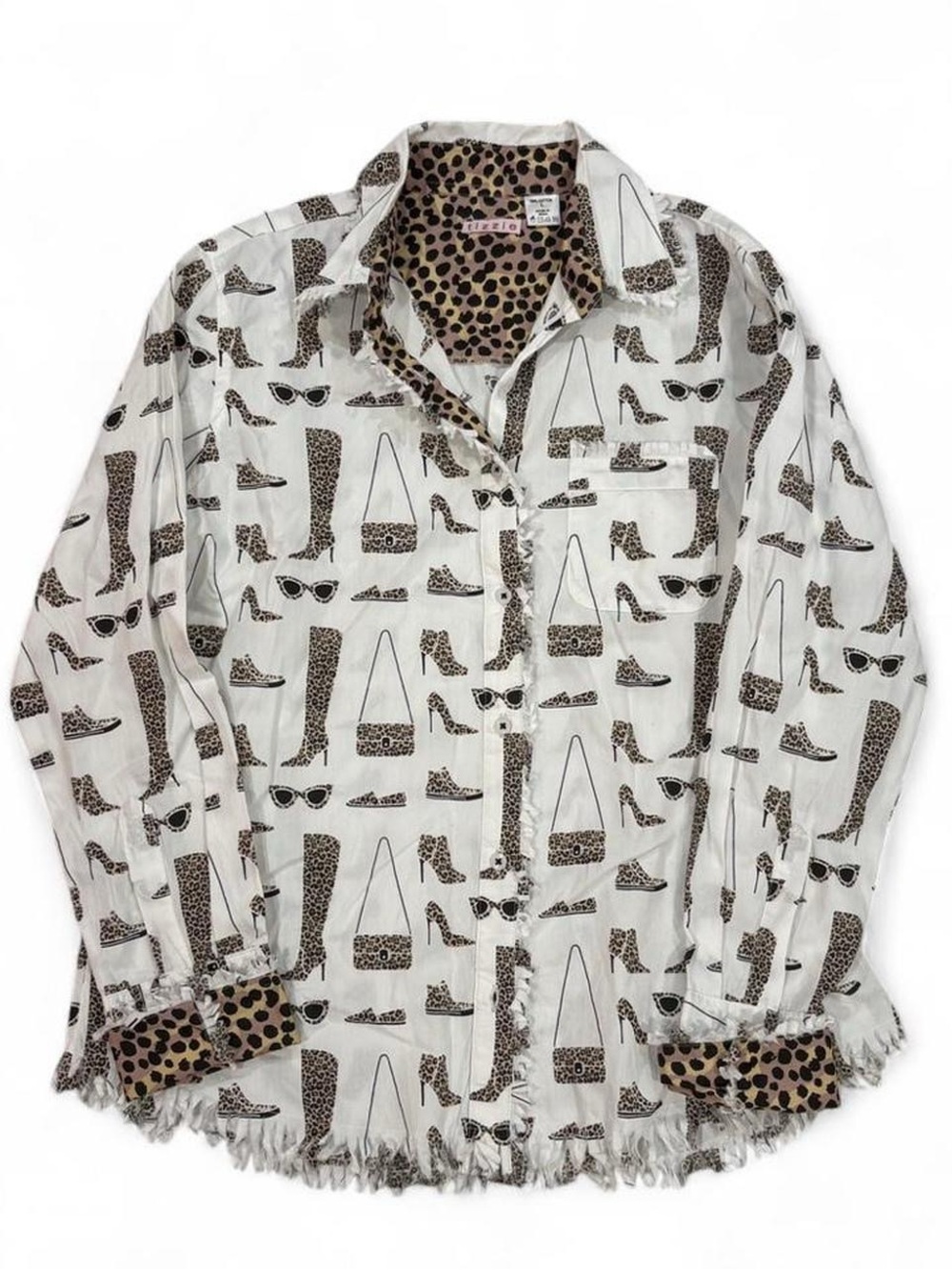 Tizzie leopard print fringe button up shirt